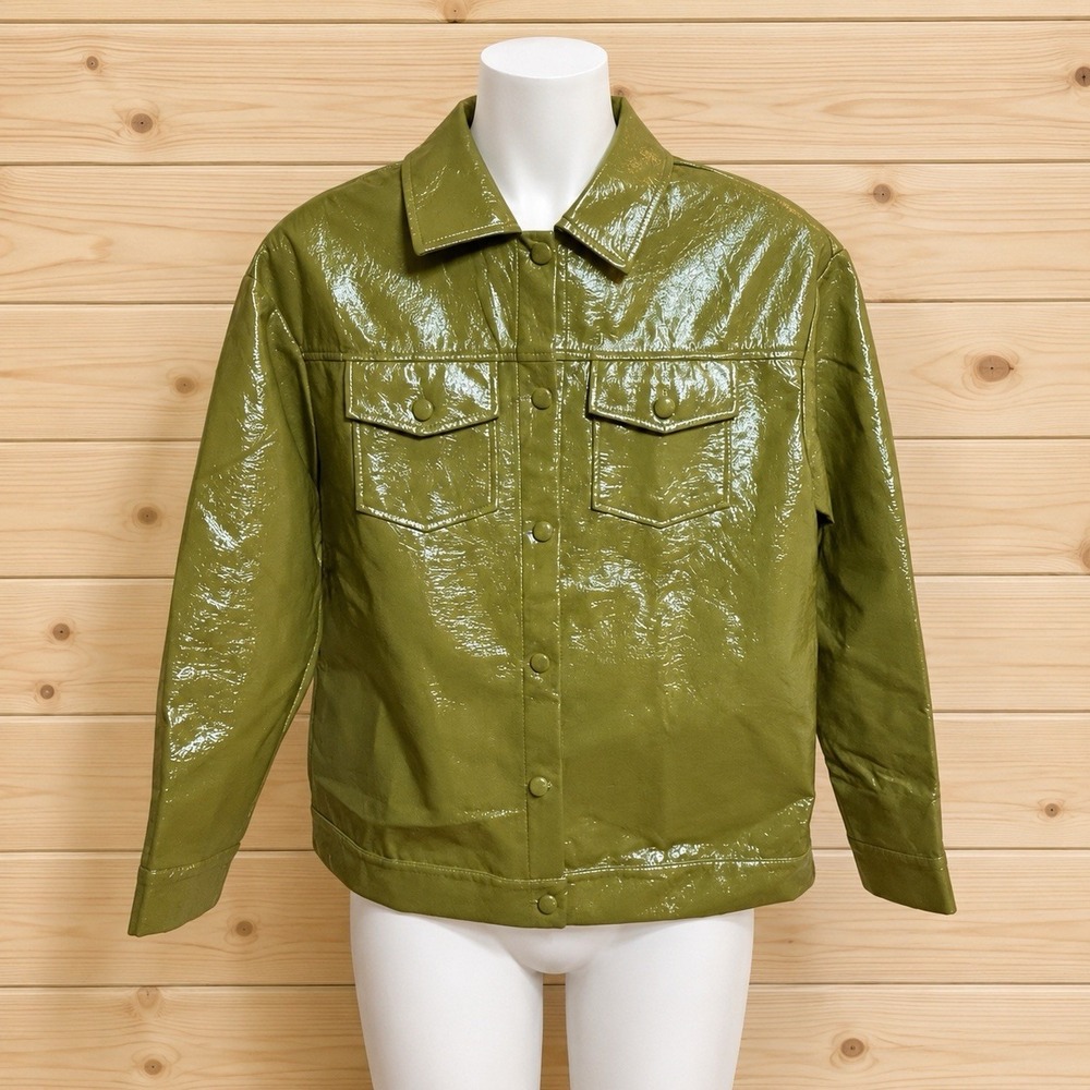 SHEIN Women XS Olive Green Glossy Faux Leather Trucker Jacket Snap Front[V]